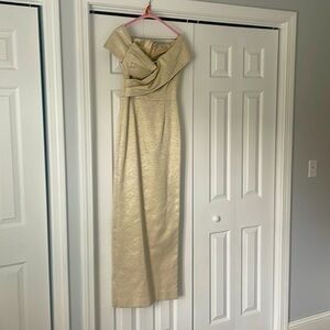 Rickie Freeman for Teri Jon Champagne Gold Off-Shoulder Satin Gown